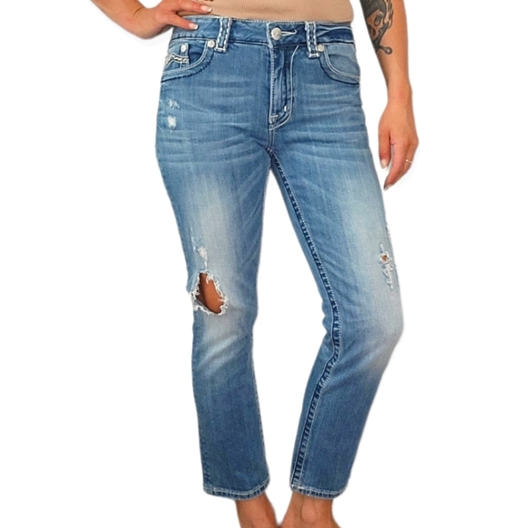 Miss Me Denim - Miss Me Boyfriend Capri Distressed Jeans 27 Light Blue